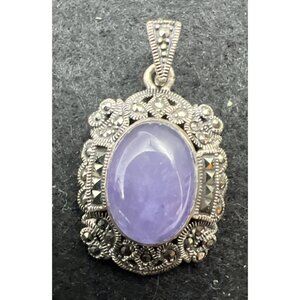 Vintage 925 Sterling Silver Lavender Jade Marcasite Pendant Ornate Victorian